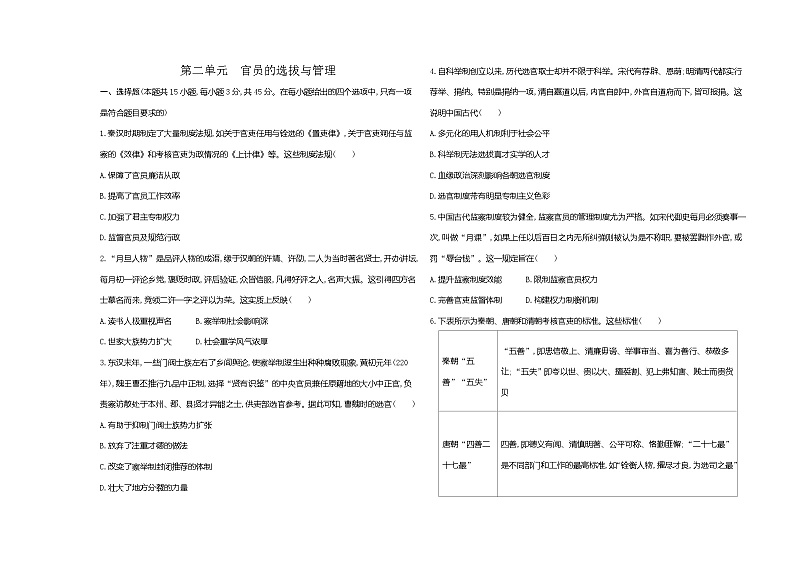 高中历史人教统编版选择性必修1国家制度与社会治理第二单元官员的选拔与管理达标检测试卷(Word版附解析)第1页