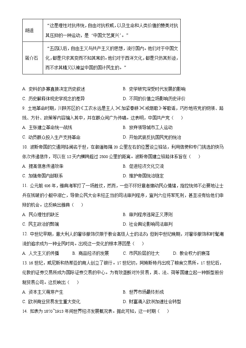 云南省昆明市云南师范大学附属中学2024-2025学年高三上学期8月月考历史试题(原卷版)第3页