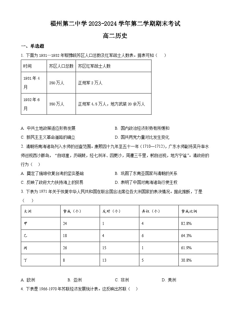 福建省福州第二中学2023-2024学年高二下学期7月期末考试历史试题(Word版附解析)01