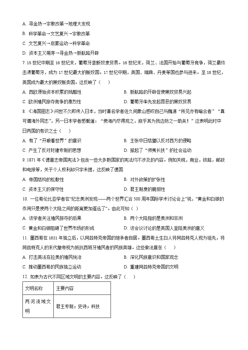 内蒙古自治区包头市第六中学2023-2024学年高一下学期期中历史试题(原卷版)02