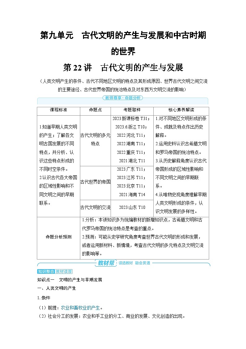2025年高考历史精品教案第九单元古代文明的产生与发展和中古时期的世界第22讲古代文明的产生与发展第1页
