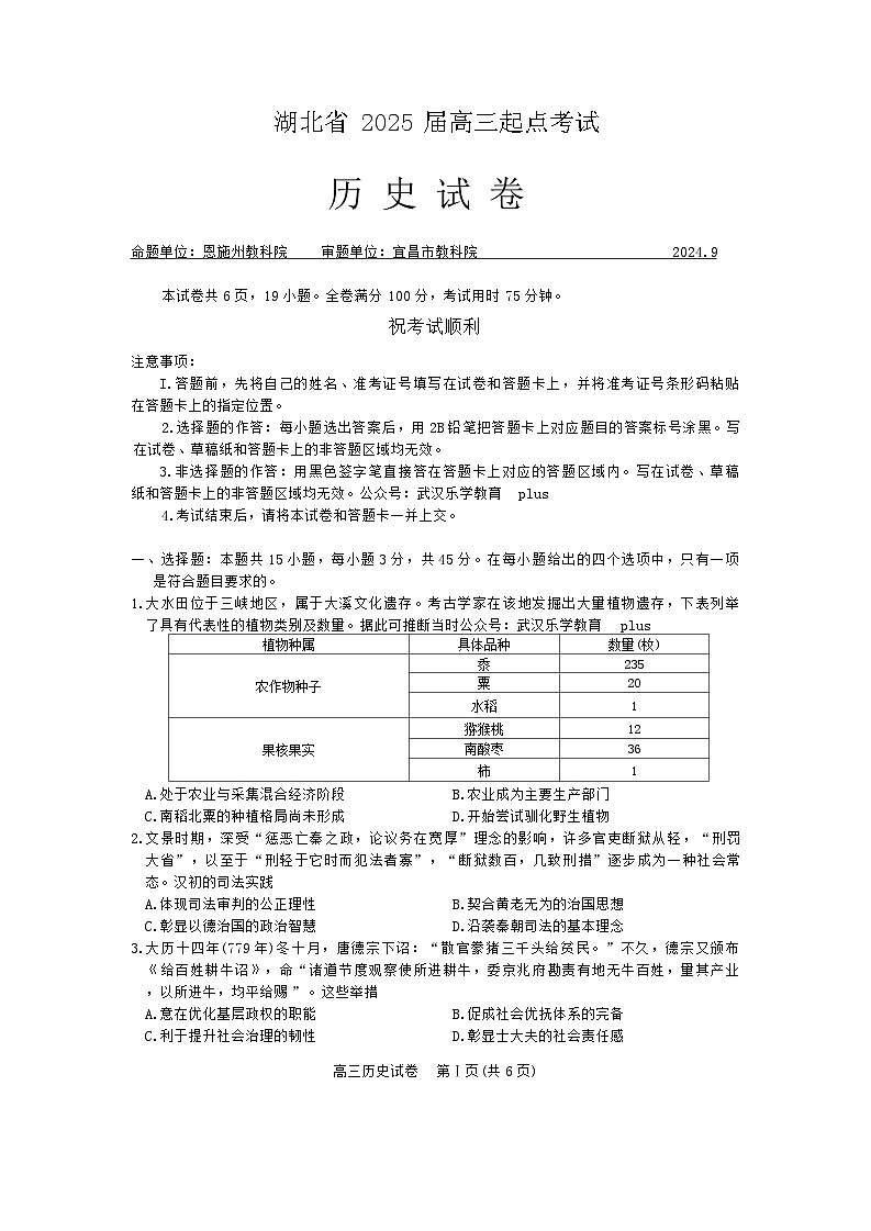 2025届湖北省部分学校高三上学期起点考试(一模)历史试题01