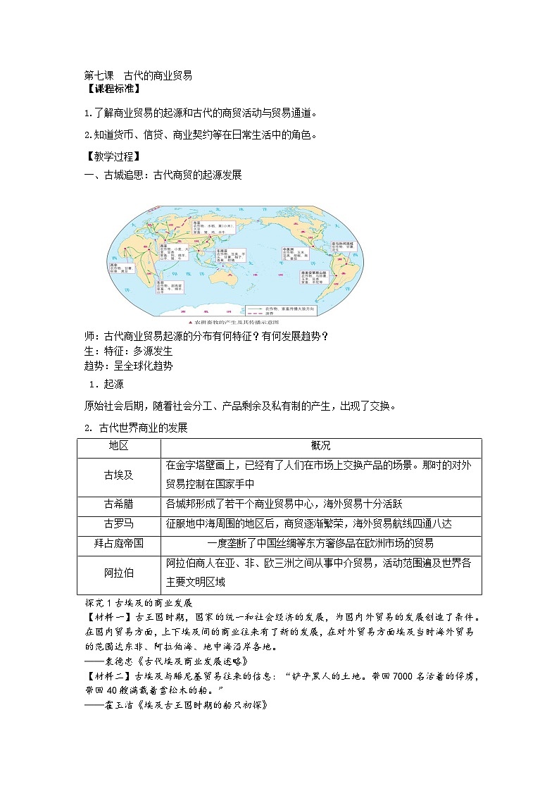 第7课 古代的商业贸易 教学设计第1页
