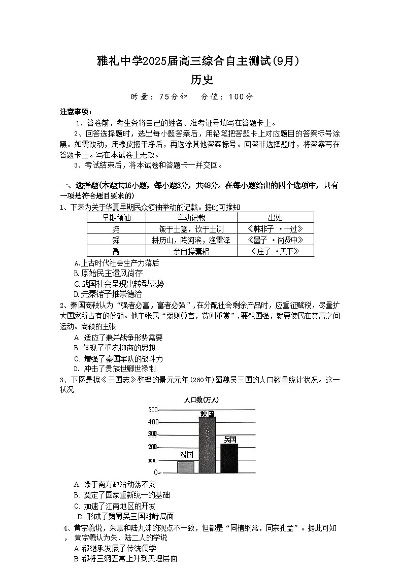 湖南省长沙市雅礼中学2024-2025学年高三上学期(9月)综合自主测试历史试题(含解析)01