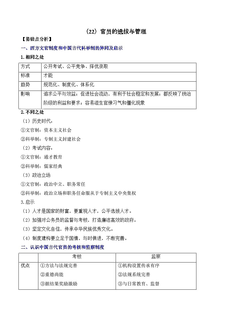 (22)官员的选拔与管理——2025高考历史一轮复习易混易错专项复习练习(含答案)第1页