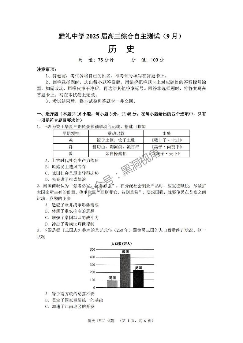 湖南省长沙市雅礼中学2024-2025学年高三上学期(9月)综合自主测试历史+答案01