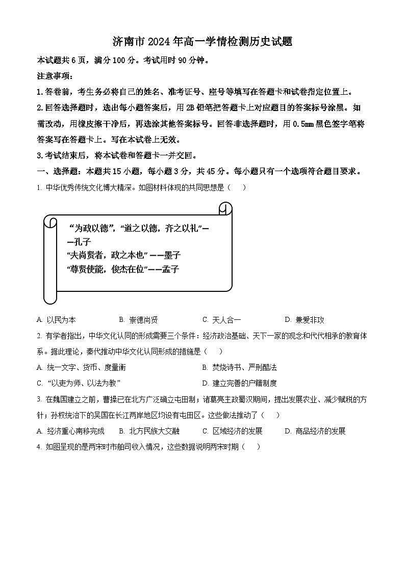 山东省济南市2024-2025学年高一上学期开学考试历史试题(Word版附答案)01