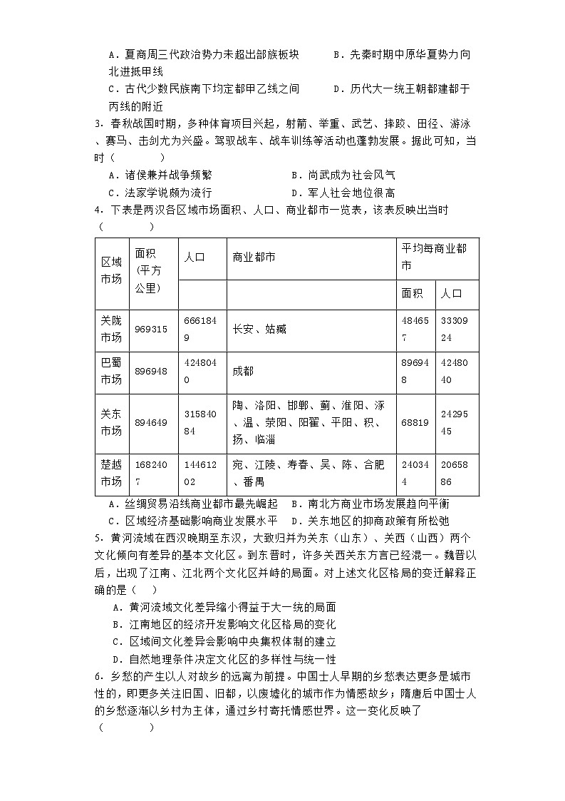 重庆市第八中学校2024-2025学年高三上学期入学适应性训练历史试题02