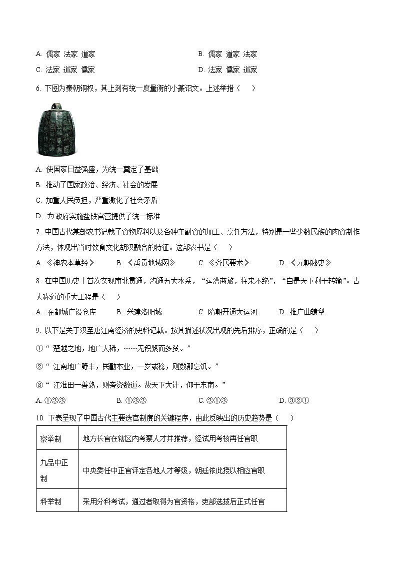 北京市西城区2022-2023学年高一上学期期末考试历史试题 Word版无答案第2页