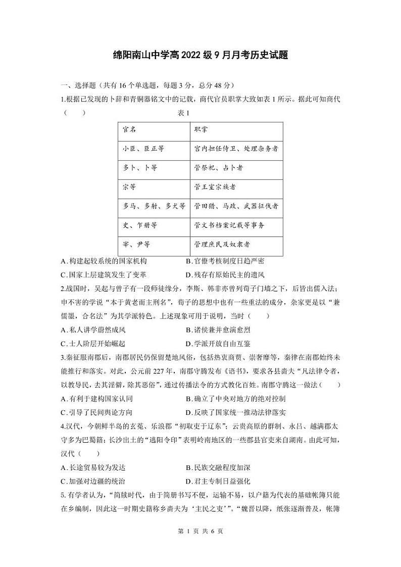 历史-四川省绵阳南山中学高2022级高三上期9月月考【含答案解析】第1页