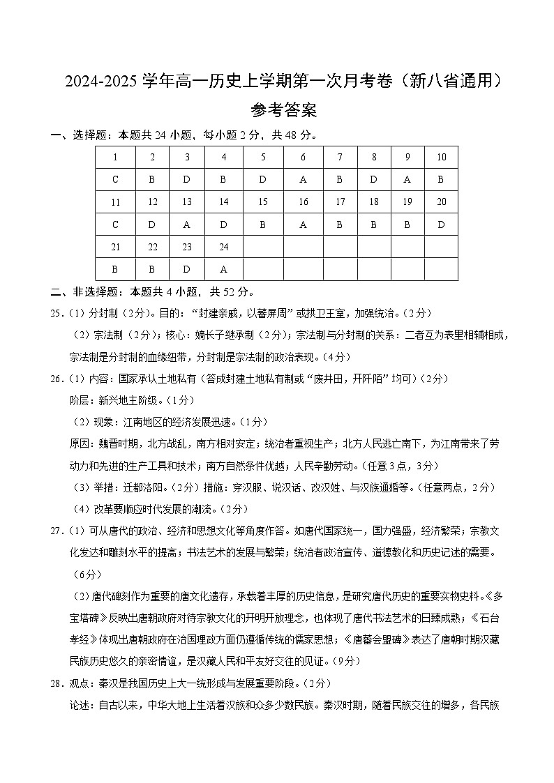 高一历史第一次月考卷(参考答案)(新八省通用)第1页