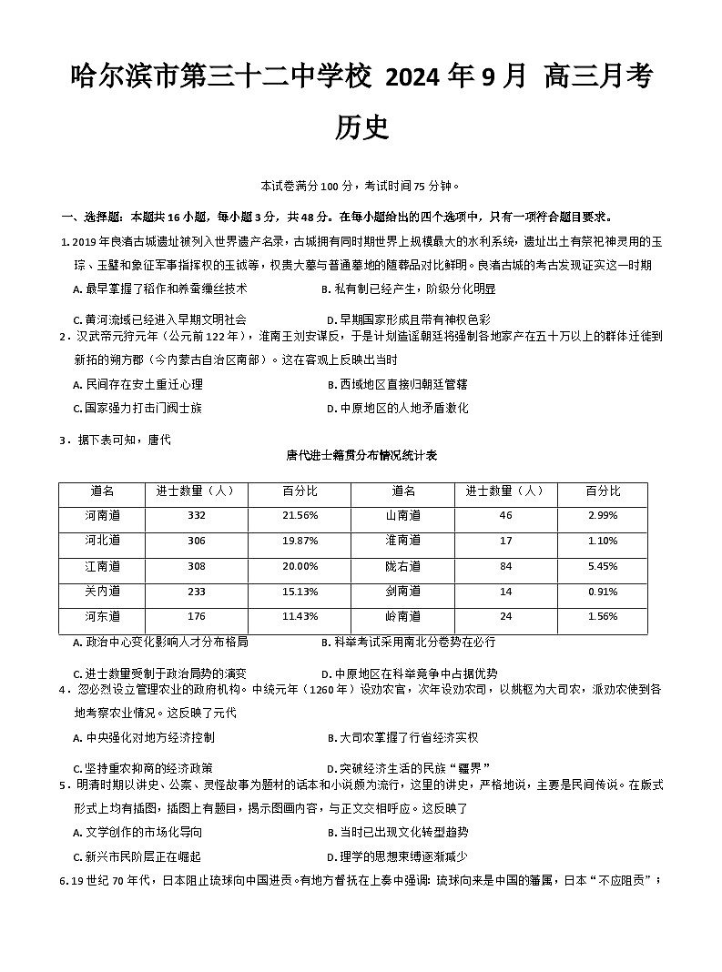 黑龙江省哈尔滨市第三十二中学校2024-2025学年高三上学期9月月考历史试题.101