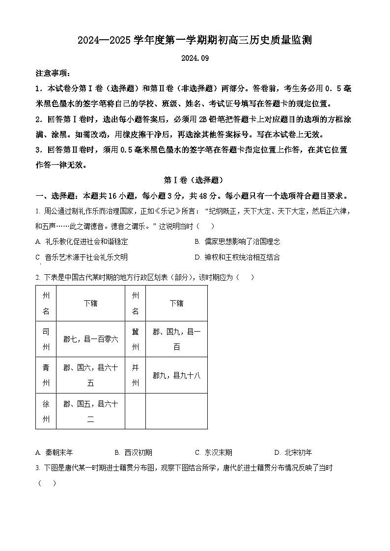 江苏省镇江市2024-2025学年高三上学期质量监测历史试卷(Word版附解析)01