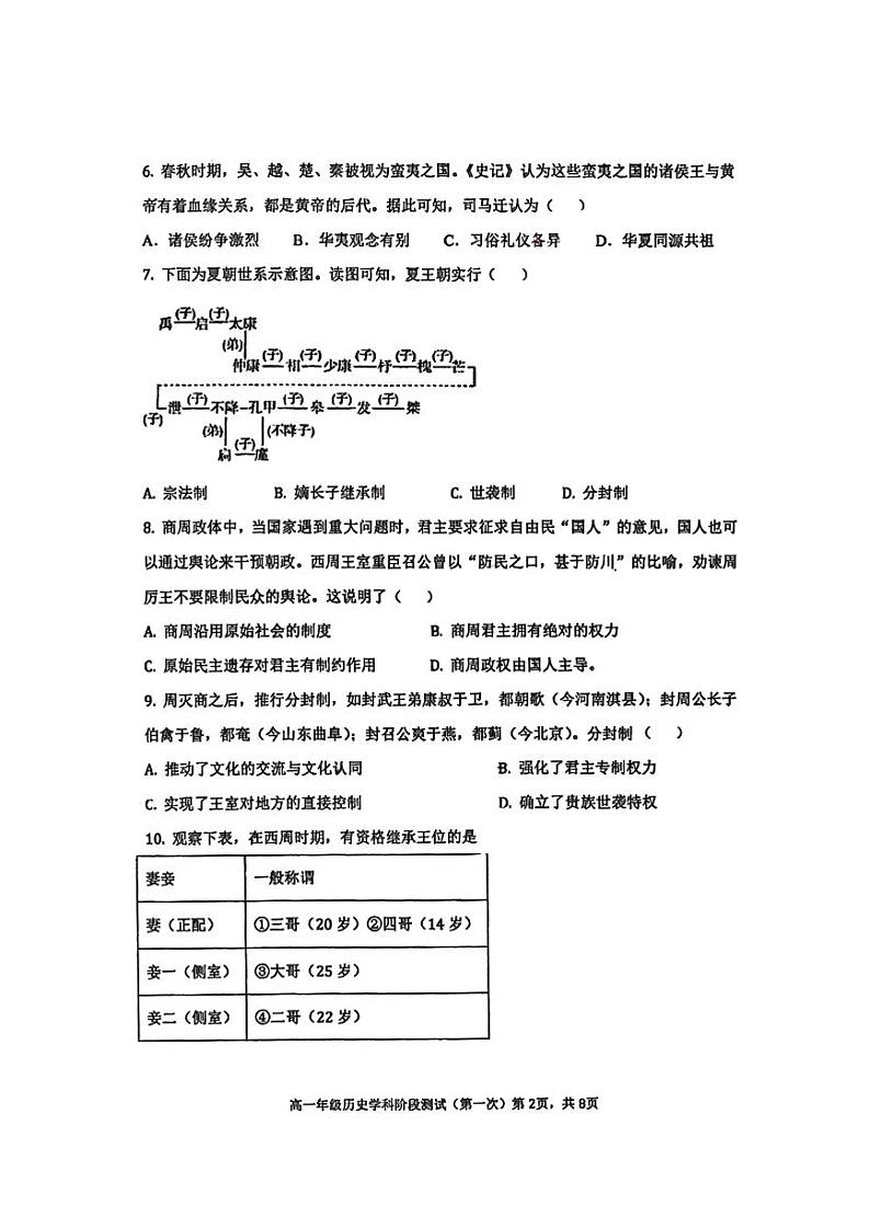 陕西省西安市远东第二中学2024-2025学年高一上学期9月月考历史试题02