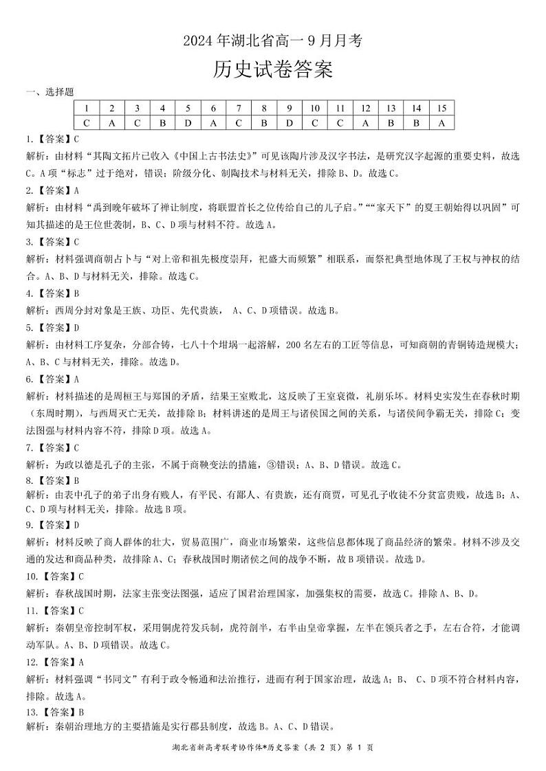 湖北省新高考联考协作体2024 年 历史答案第1页