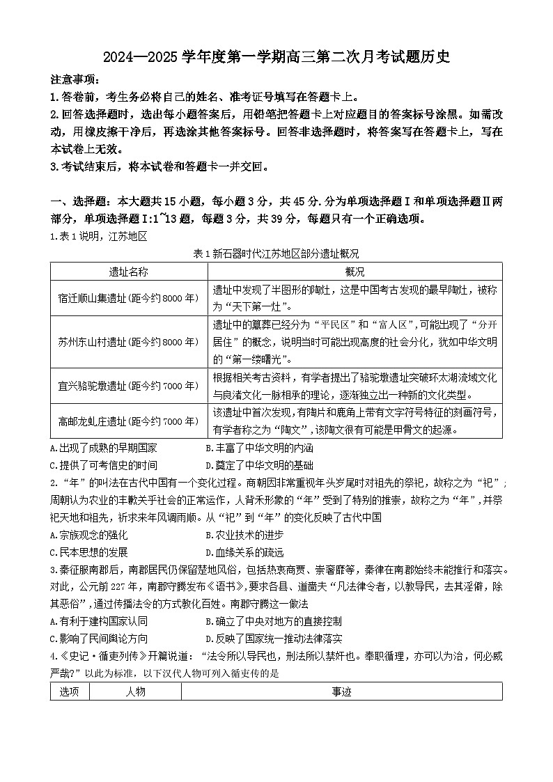海南省文昌中学2024-2025年高三上学期第二次月考历史题(无答案)第1页