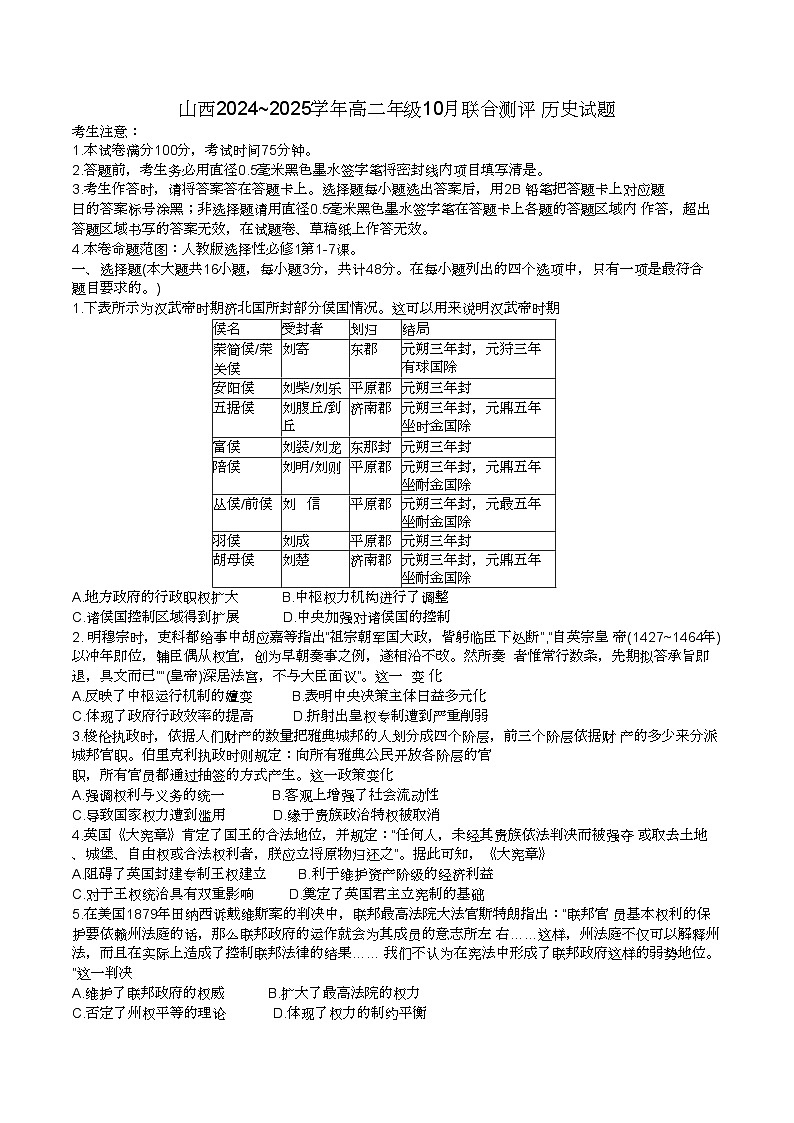 山西省运城市2024-2025学年高二上学期10月月考历史试题第1页