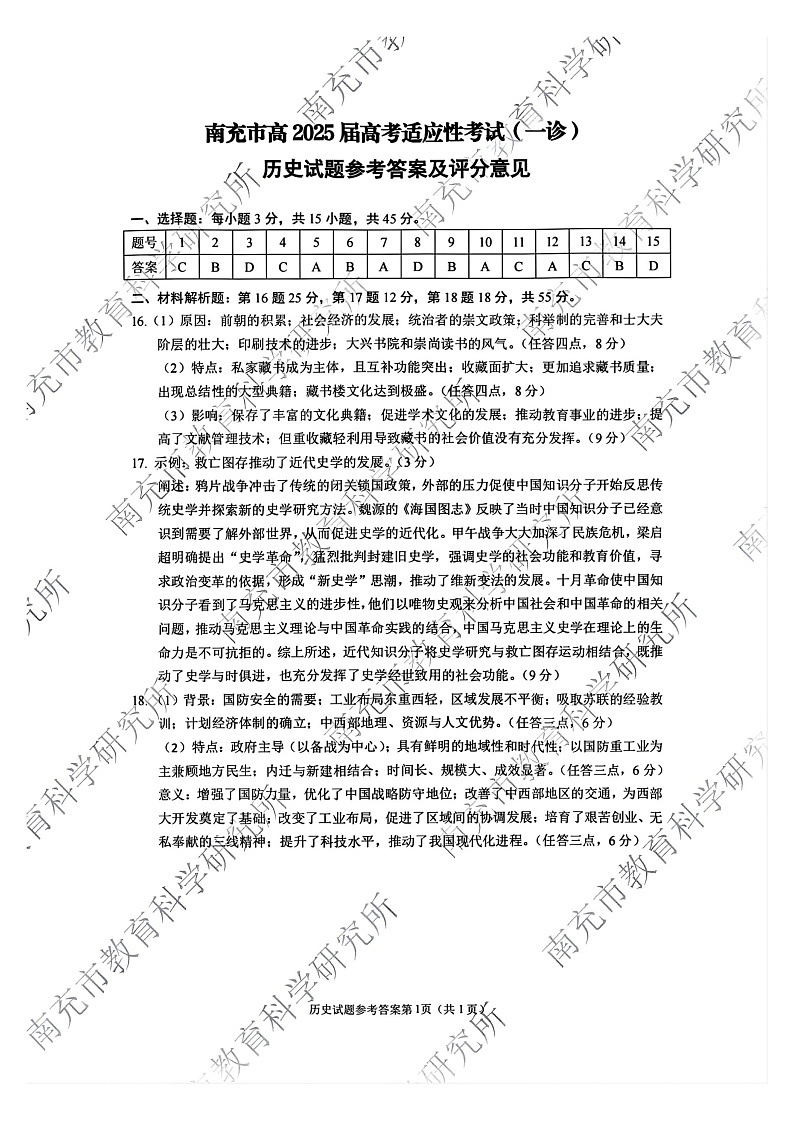 四川省南充市2025届高三高考适应性考试(一诊)历史试题答案第1页