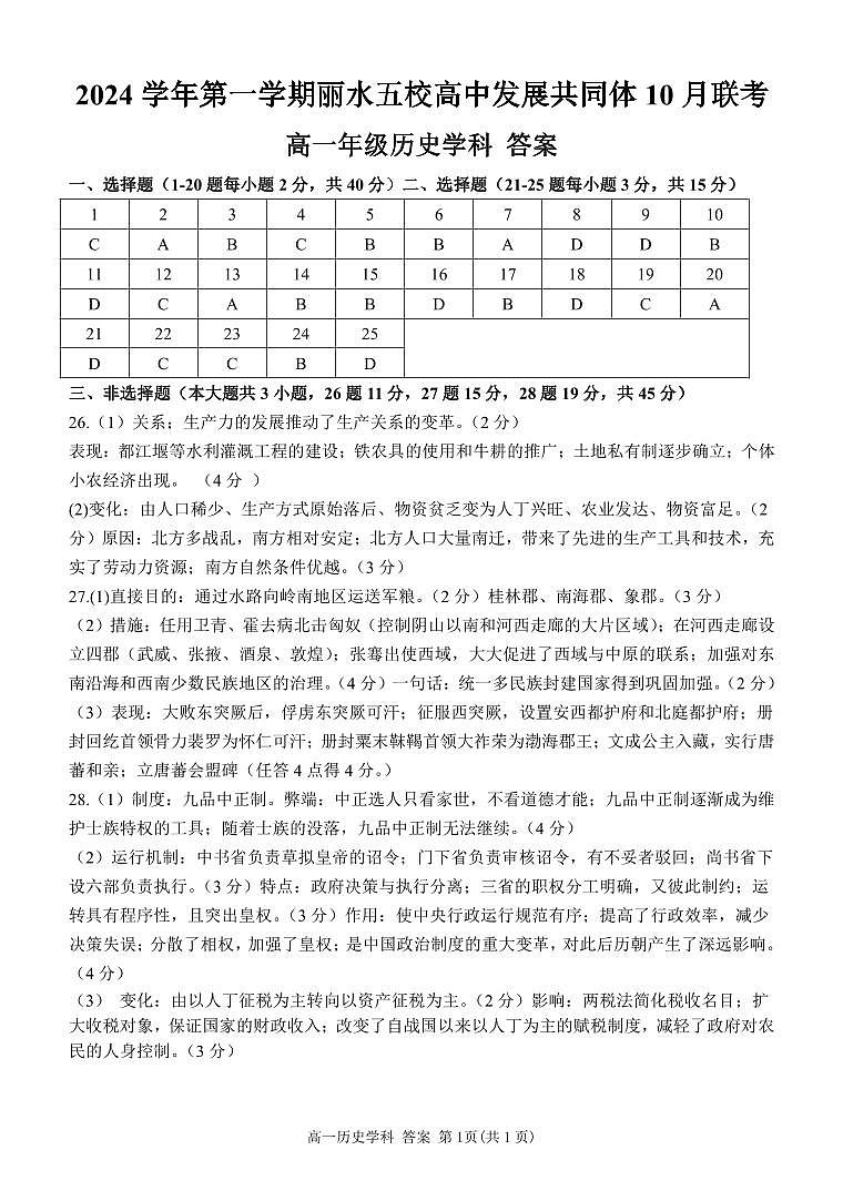 浙江省丽水市“五校高中发展共同体”2024-2025学年高一上学期10月联考历史试题01