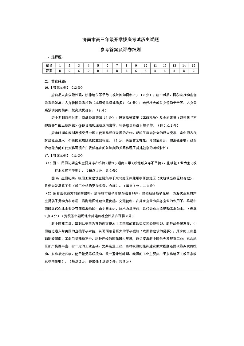 山东省济南市2024-2025学年高三九月摸底考试试卷历史答案第1页