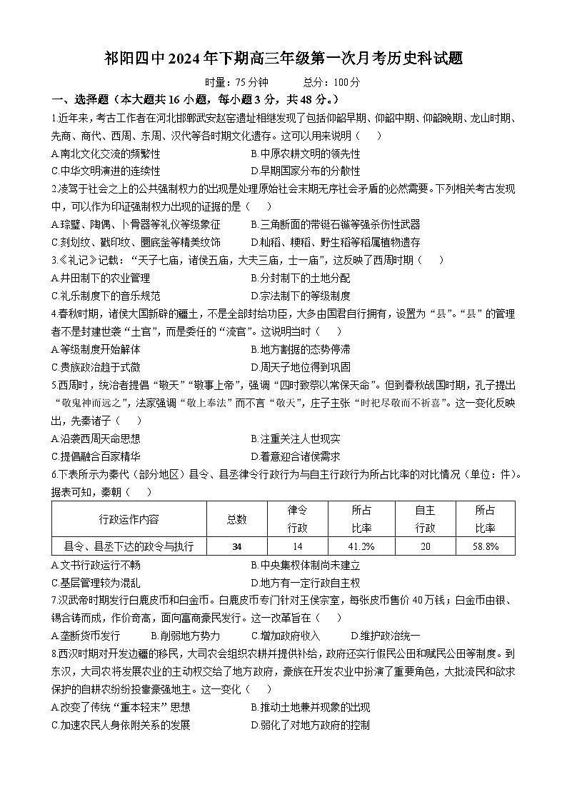 湖南省永州市祁阳市第四中学2024-2025学年高三上学期第一次月考历史试题(无答案)第1页