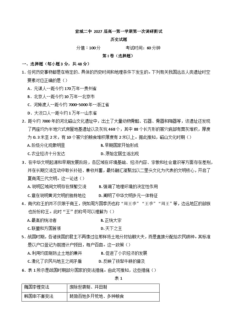 安徽省宣城市第二中学2024-2025学年高一上学期第一次调研测试历史试题(含解析)01