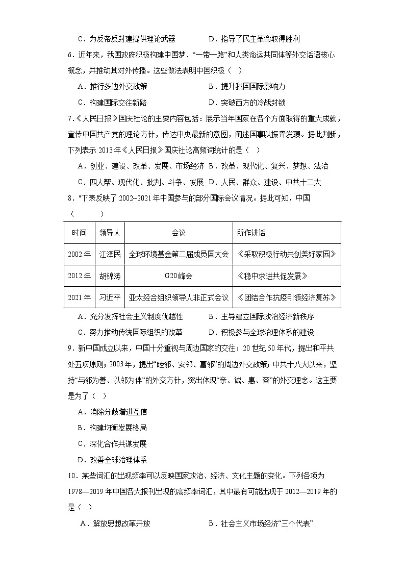 中国特色社会主义进入新时代专项练习--2024届高三历史统编版二轮复习原卷版第2页
