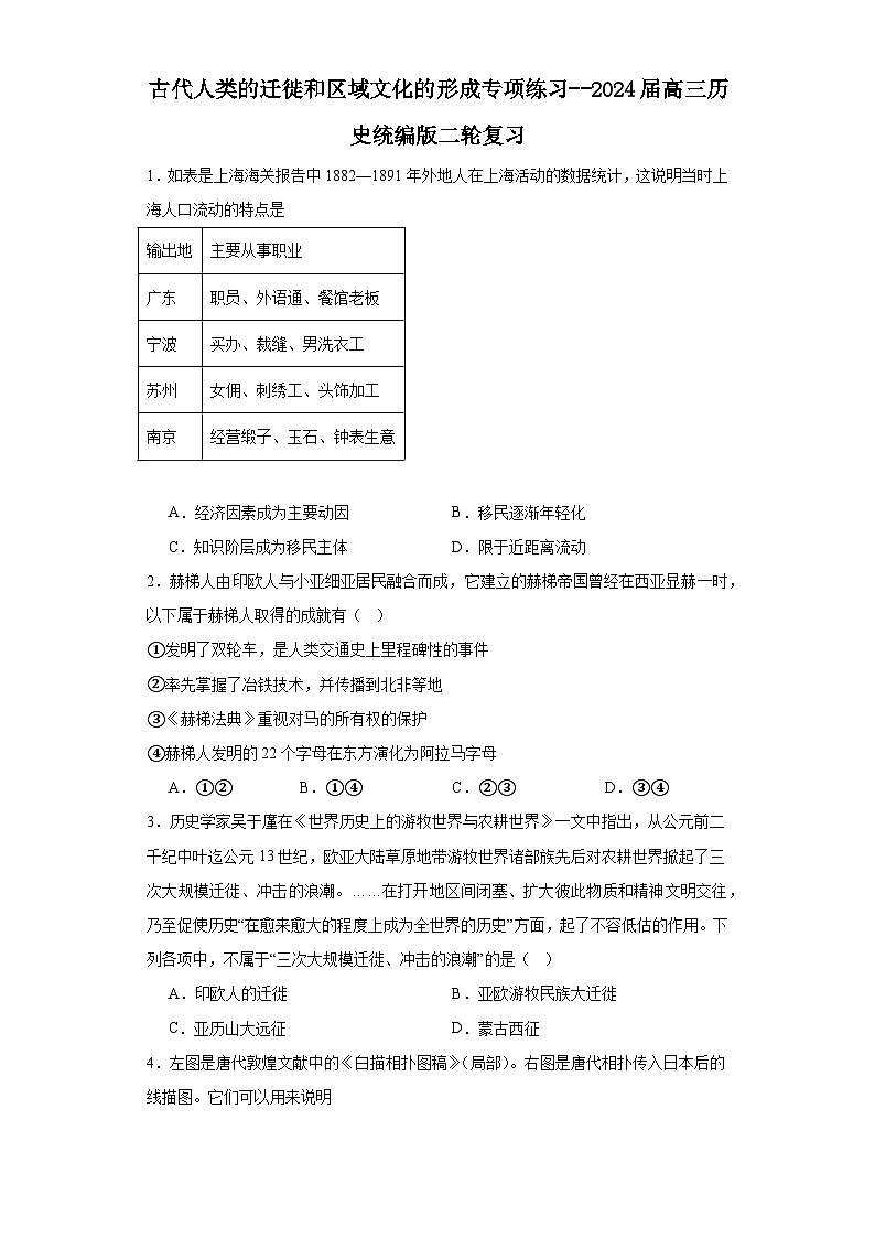 古代人类的迁徙和区域文化的形成专项练习--2024届高三历史统编版二轮复习原卷版第1页