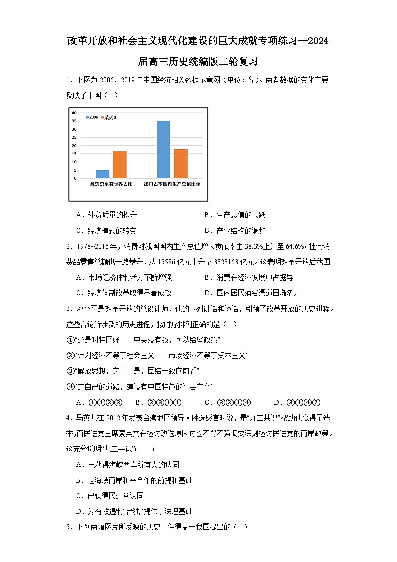 改革开放和社会主义现代化建设的巨大成就专项练习--2024届高三历史统编版二轮复习原卷版第1页