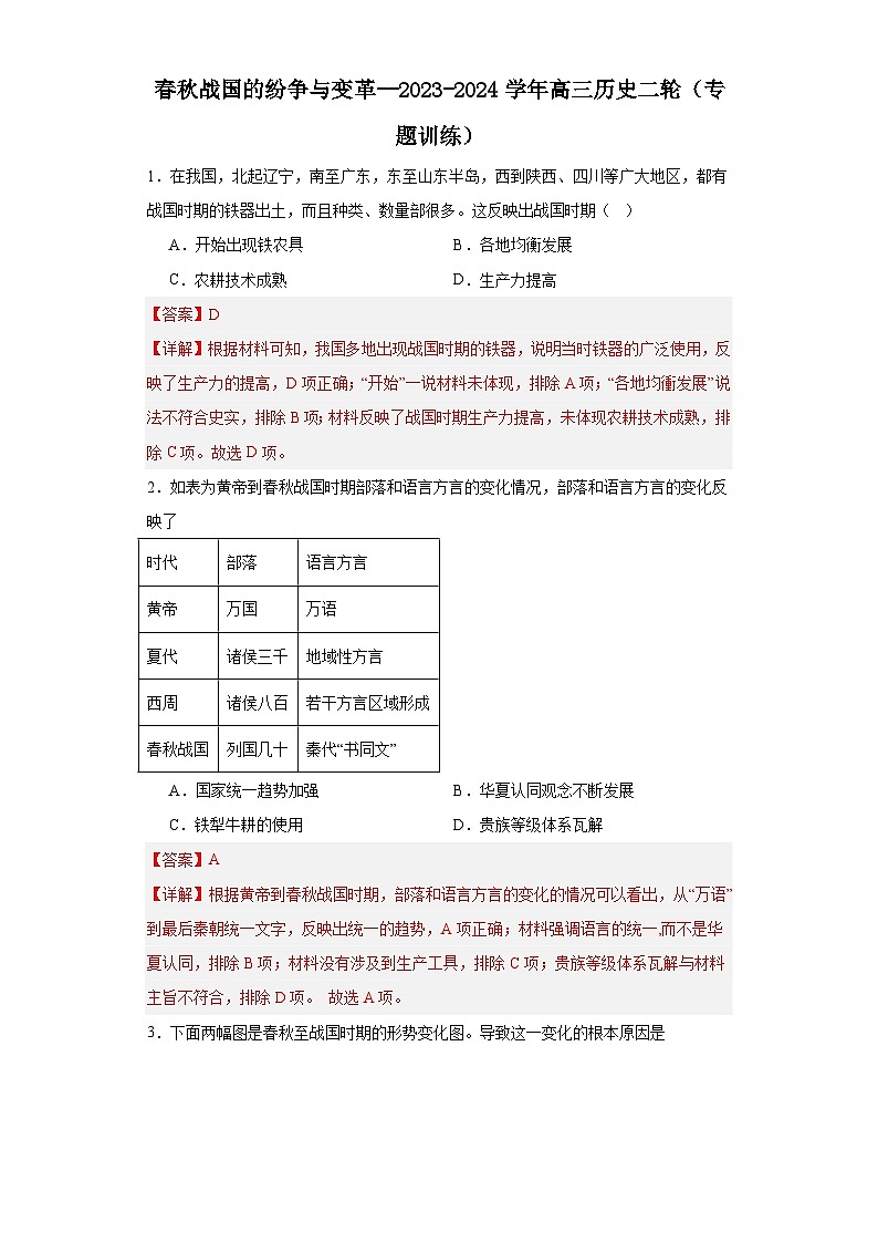春秋战国的纷争与变革--2023-2024学年高三历史二轮(专题训练)解析版第1页