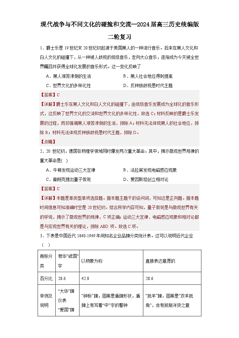 现代战争与不同文化的碰撞和交流--2024届高三历史统编版二轮复习解析版第1页
