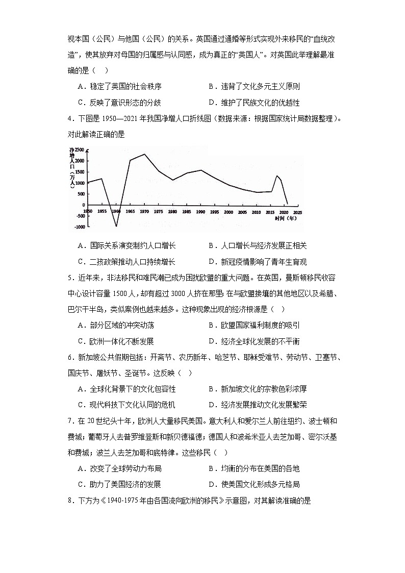 现代社会的“移民”和多元文化专项练习--2024届高三历史统编版二轮复习原卷版第2页