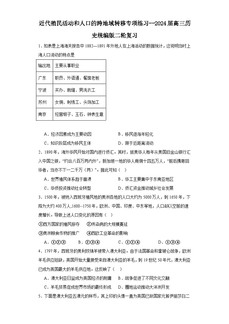 近代殖民活动和人口的跨地域转移专项练习--2024届高三历史统编版二轮复习原卷版第1页