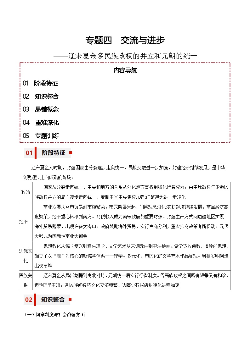 新高考历史三轮冲刺知识盘点+训练专题04+交流与进步——辽宋夏金多民族政权的并立和元朝的统一（含解析）