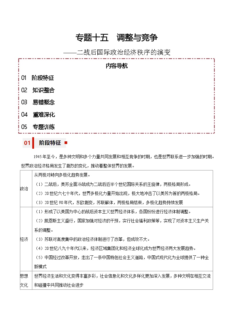 新高考历史三轮冲刺知识盘点+训练专题15+调整与竞争——二战后国际政治经济秩序的演变（含解析）