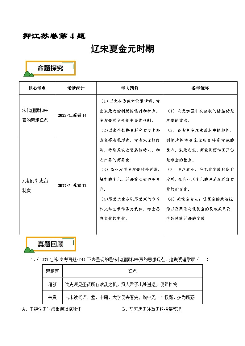 (江苏版)新高考历史三轮冲刺押题卷第4题 辽宋夏金元时期(解析版)第1页