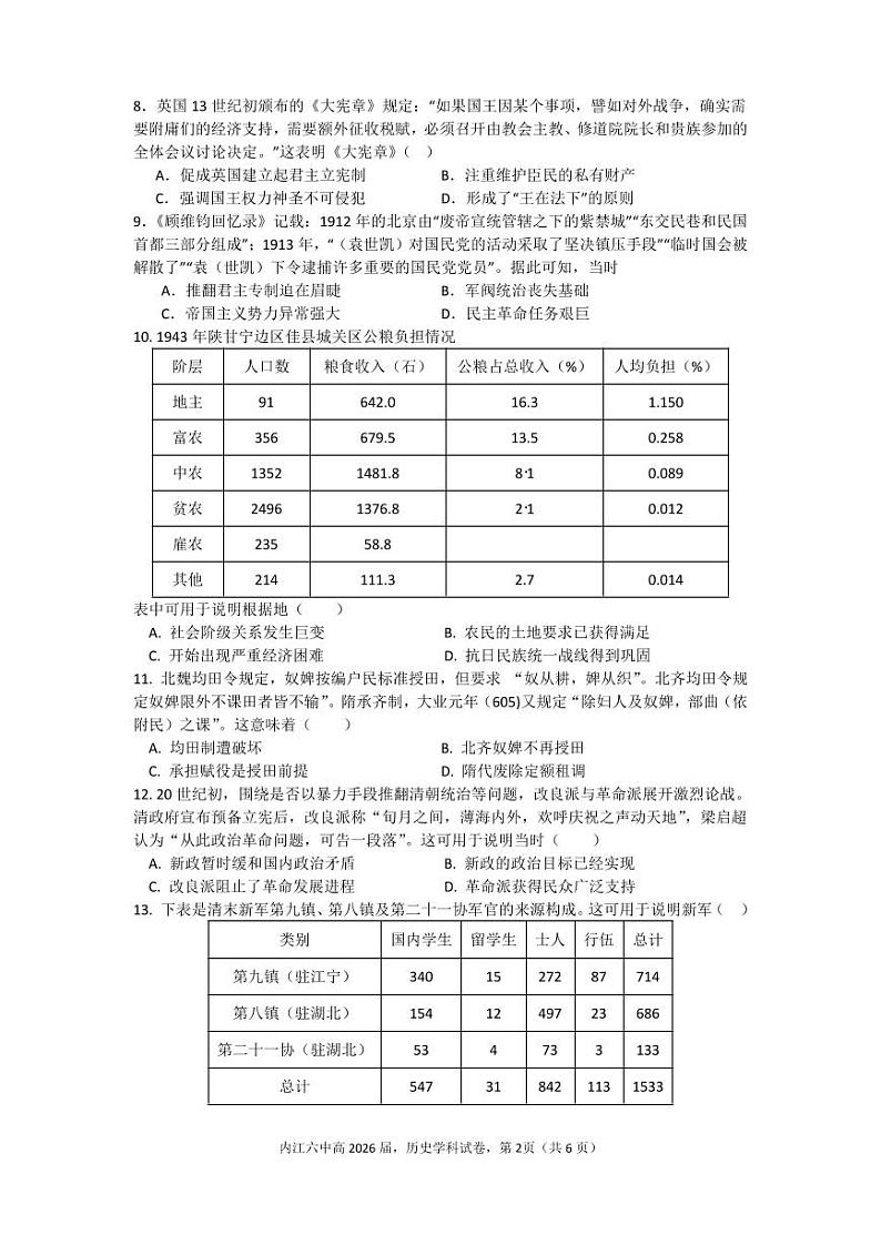 四川省内江市第六中学2024-2025学年高二上学期第一次月考历史试题02