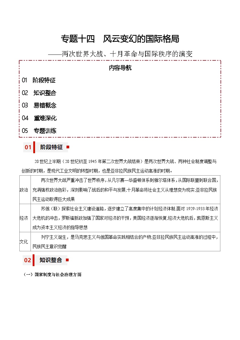 新高考历史三轮冲刺知识盘点+训练专题14+风云变幻的国际格局——两次世界大战、十月革命与国际秩序的演变（含解析）