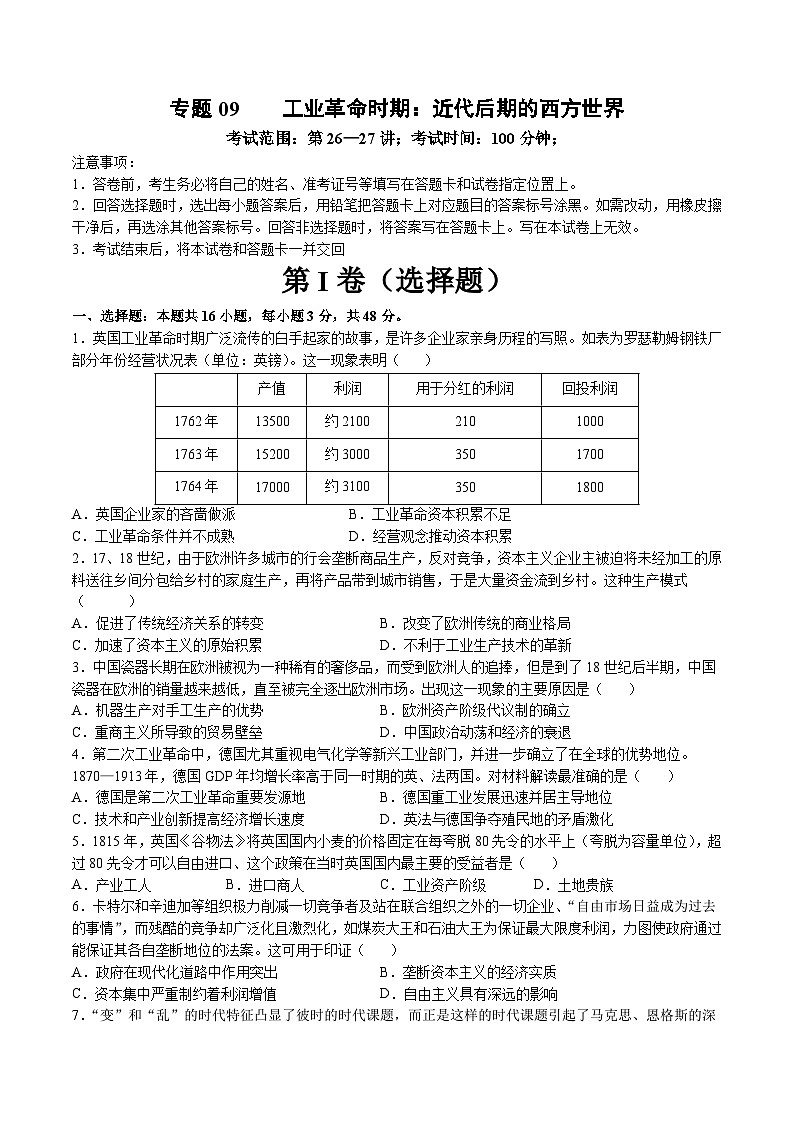 专题09 工业革命时期:近代后期的西方世界(测试卷)-【讲练通透】2025年高考历史一轮复习(高考新教材)01