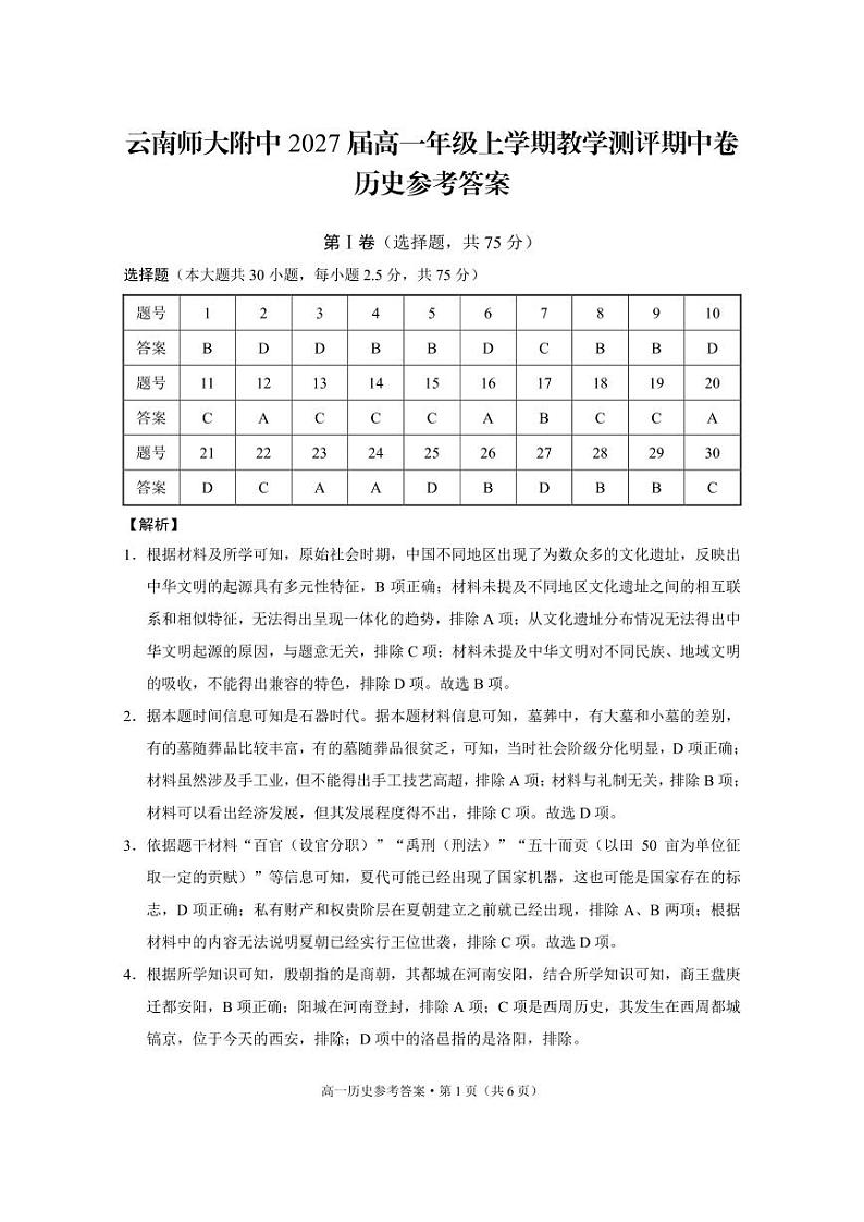 云南师大附中2027届高一年级上学期教学测评期中卷历史-答案第1页