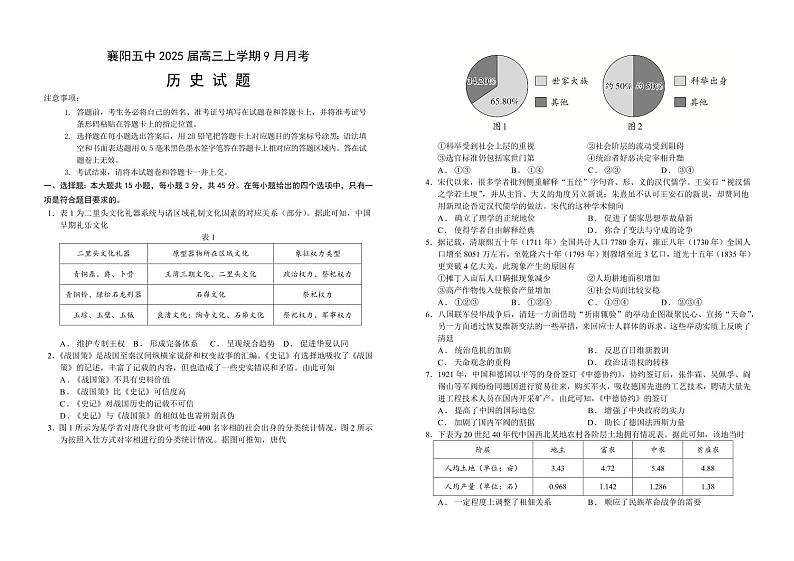 2025届湖北省襄阳五中高三上学期9月考-历史试题+答案01