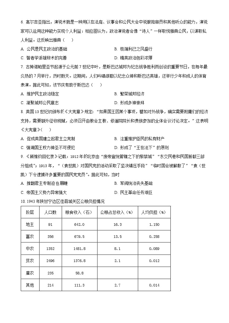 四川省内江市第六中学2024-2025学年高二上学期第一次月考历史试题 Word版无答案第2页