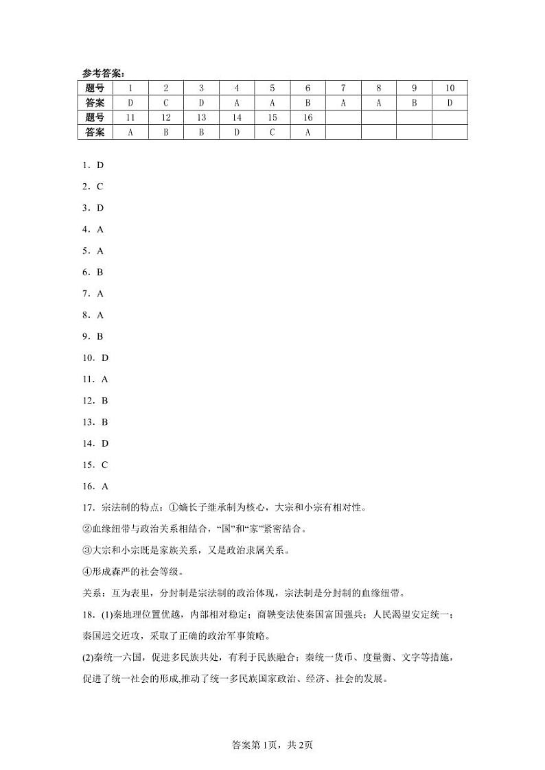 高一10月月考答案历史(卷尾)第1页