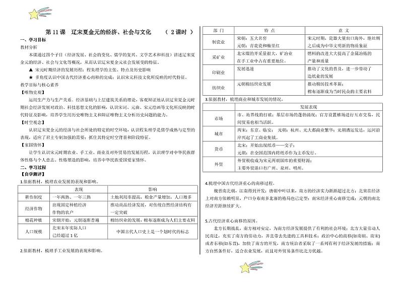 第11课 辽宋夏金元的经济、社会与文化(学案+(教师版) 2024-2025学年高一中外历史纲要上册同步备课(统编版2019)第1页