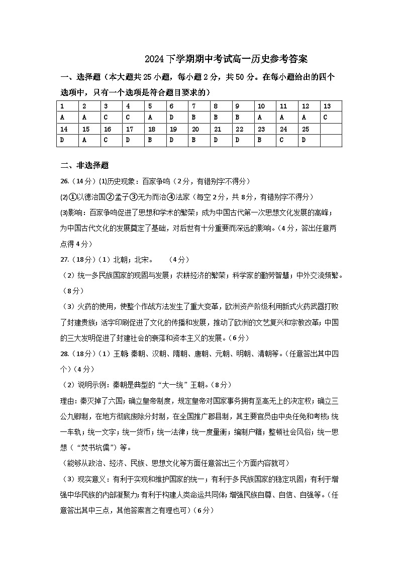 湖南省邵东市第七中学2024-2025学年高一上学期期中考试历史试题01