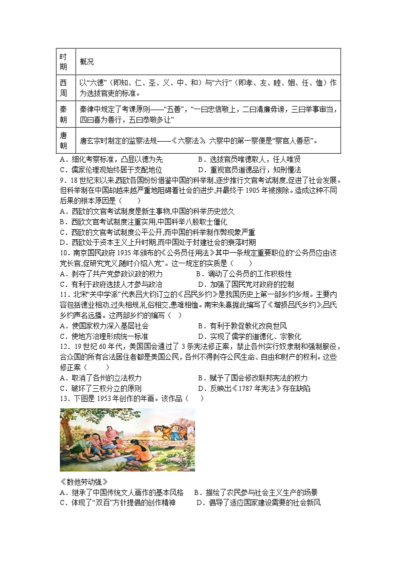 天津市咸水沽第二中学2024-2025学年高二上学期期中考试历史试卷02