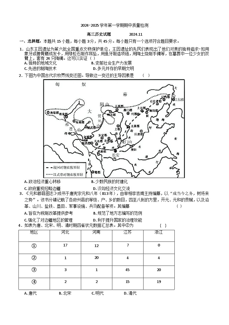 山东省济宁市兖州区2024-2025学年高三上学期期中考试历史试题第1页