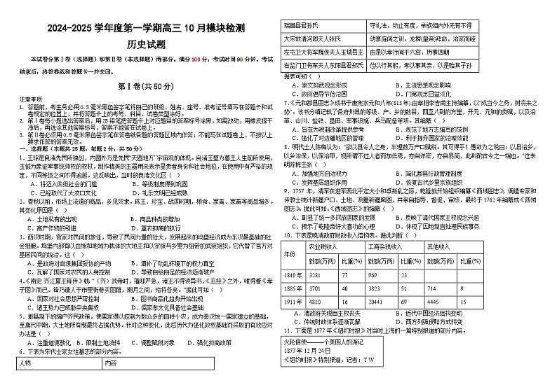 山东省乳山市银滩高级中学2024-2025学年高三上学期10月模块测试历史试题第1页