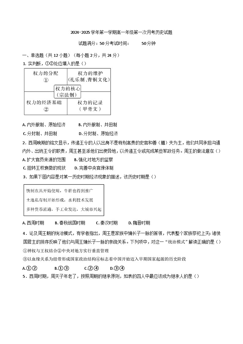 山西省大同市浑源县第七中学校2024-2025学年高一上学期第一次月考历史试题(含解析)第1页