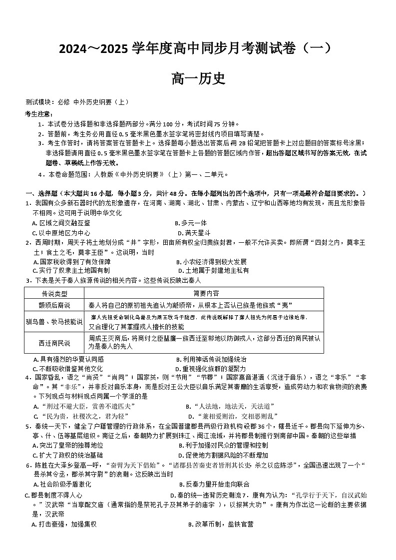 山西省部分学校2024-2025学年高一上学期月考测试(一)历史试题(解析版)第1页